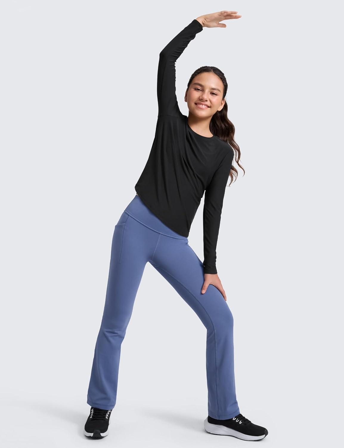 imageCRZ YOGA Girls Cloudweight Athletic Shirts Long Sleeve Tees Crew Neck Side Slit Tops Teen Kids Active Gym Casual Quick DryBlack