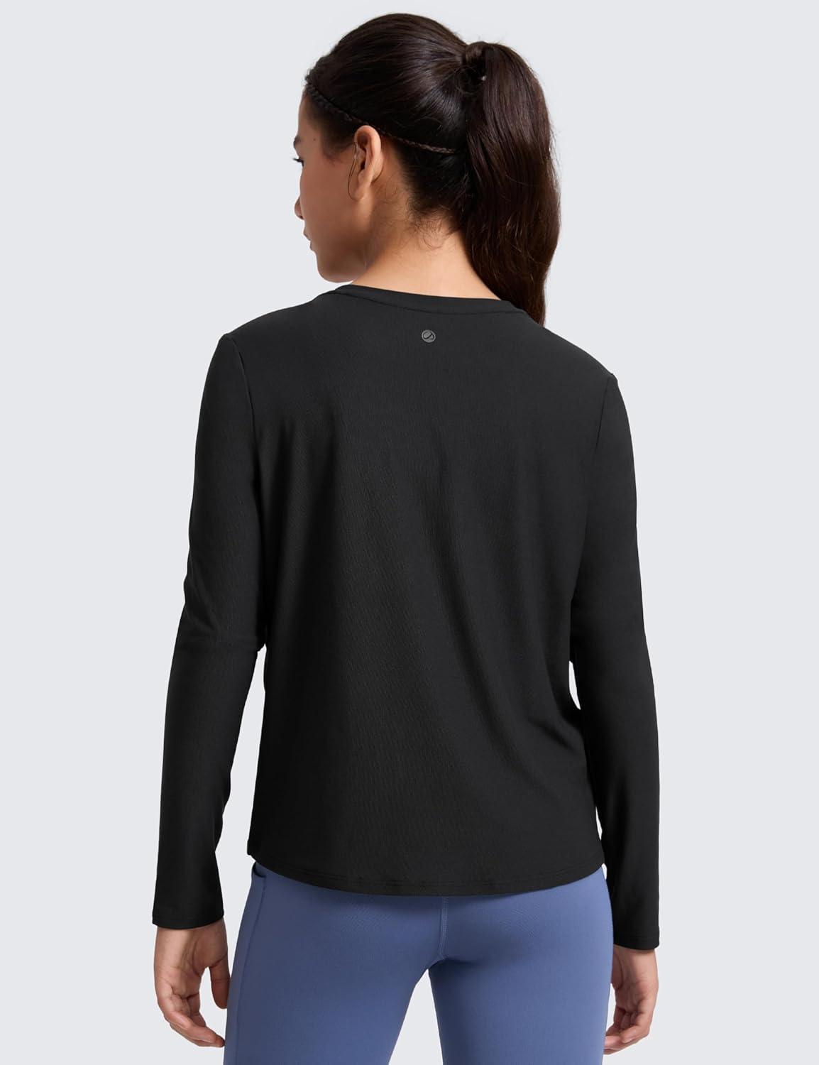 imageCRZ YOGA Girls Cloudweight Athletic Shirts Long Sleeve Tees Crew Neck Side Slit Tops Teen Kids Active Gym Casual Quick DryBlack