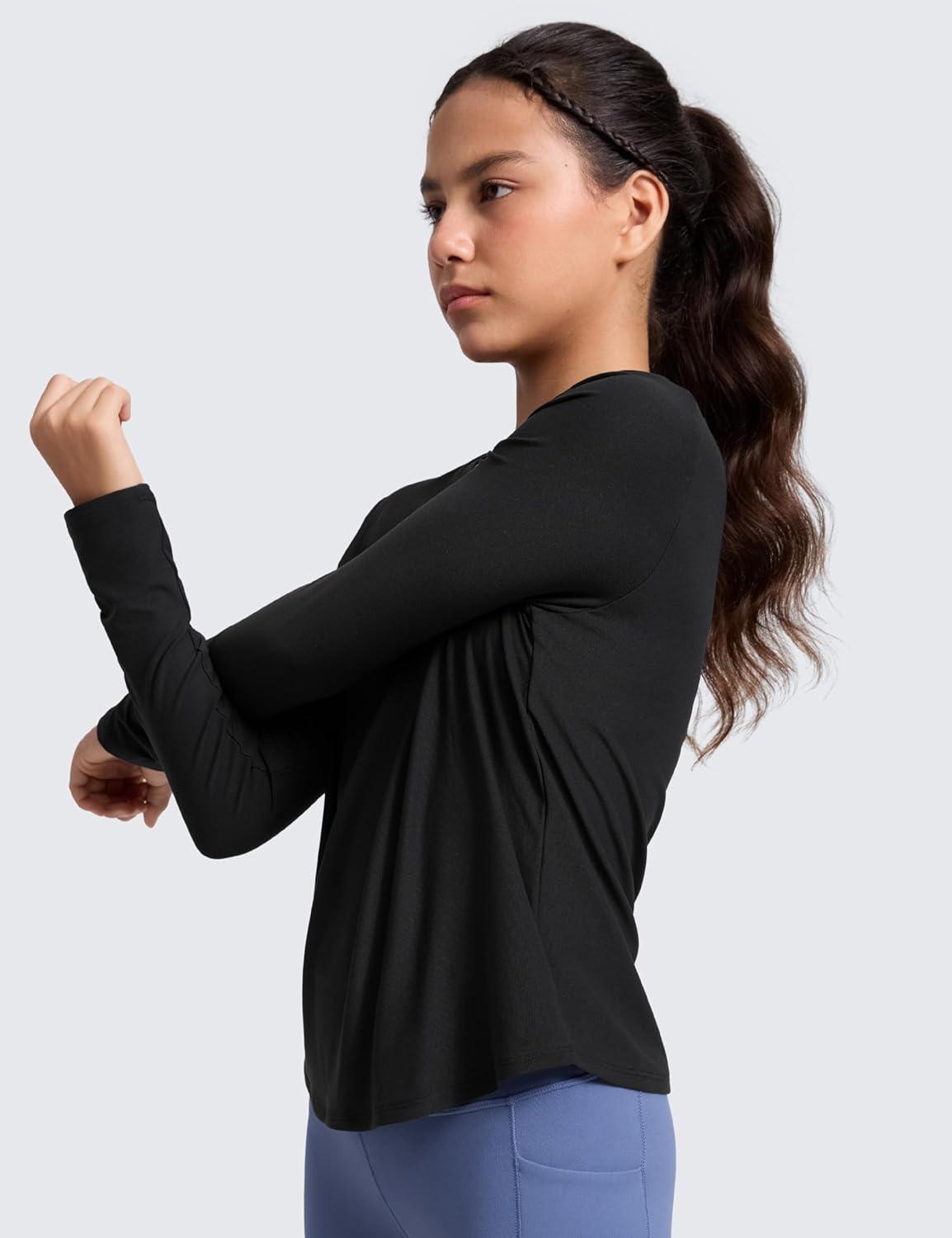 imageCRZ YOGA Girls Cloudweight Athletic Shirts Long Sleeve Tees Crew Neck Side Slit Tops Teen Kids Active Gym Casual Quick DryBlack