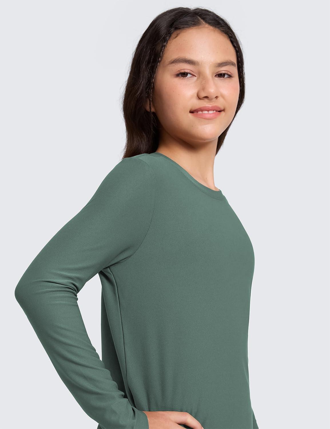 imageCRZ YOGA Girls Cloudweight Athletic Shirts Long Sleeve Tees Crew Neck Side Slit Tops Teen Kids Active Gym Casual Quick DryGraphite Green