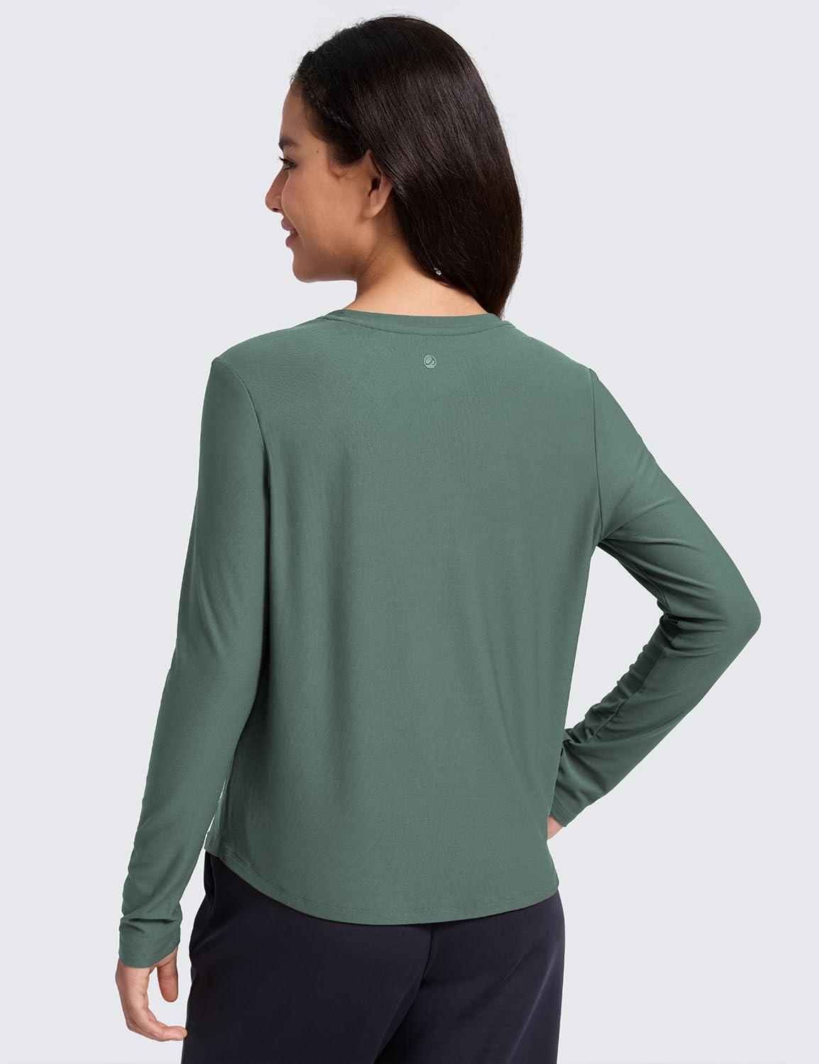imageCRZ YOGA Girls Cloudweight Athletic Shirts Long Sleeve Tees Crew Neck Side Slit Tops Teen Kids Active Gym Casual Quick DryGraphite Green