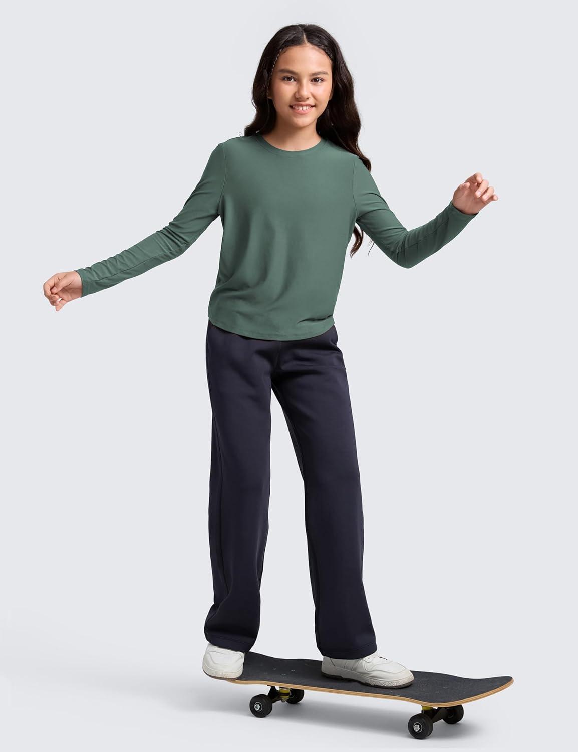 imageCRZ YOGA Girls Cloudweight Athletic Shirts Long Sleeve Tees Crew Neck Side Slit Tops Teen Kids Active Gym Casual Quick DryGraphite Green