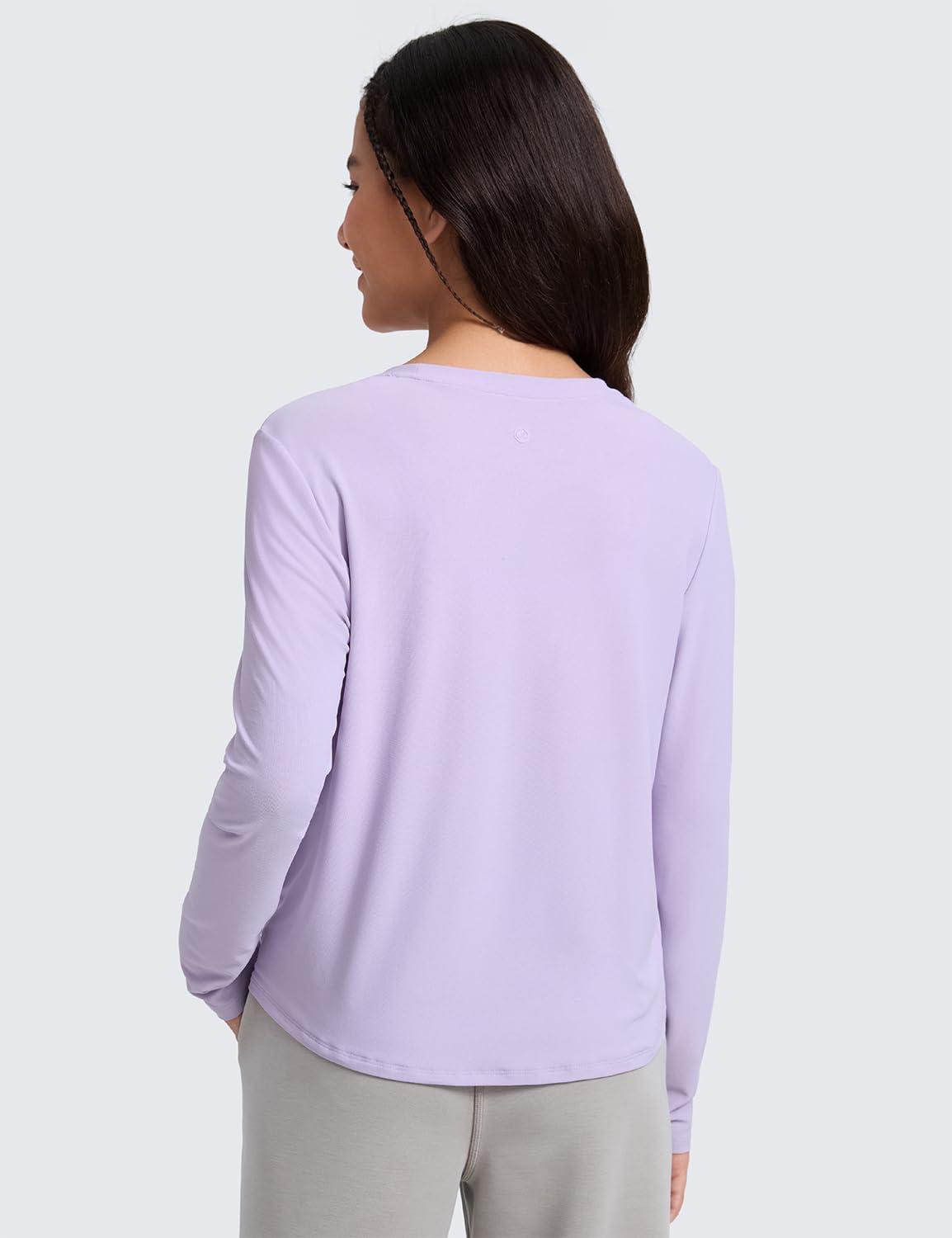 imageCRZ YOGA Girls Cloudweight Athletic Shirts Long Sleeve Tees Crew Neck Side Slit Tops Teen Kids Active Gym Casual Quick DryLilac Air