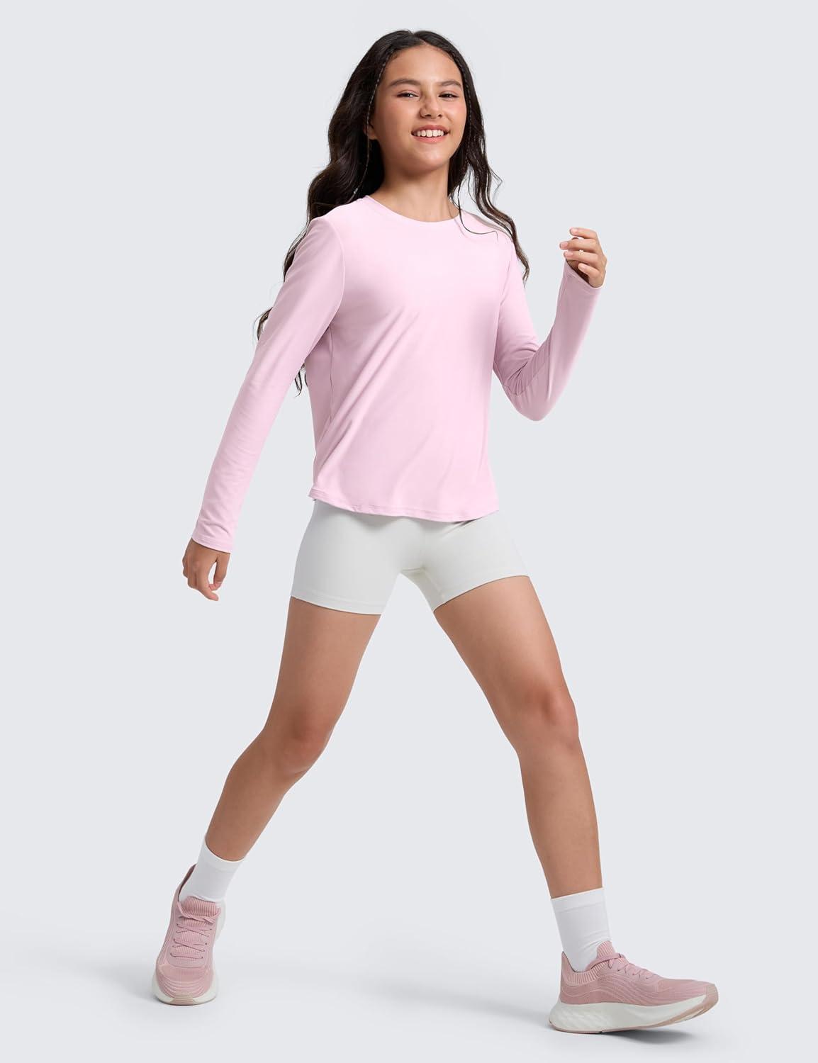 imageCRZ YOGA Girls Cloudweight Athletic Shirts Long Sleeve Tees Crew Neck Side Slit Tops Teen Kids Active Gym Casual Quick DryPink Peony