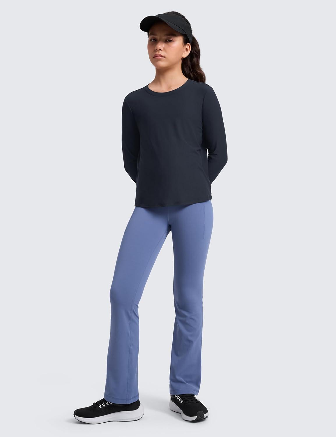 imageCRZ YOGA Girls Cloudweight Athletic Shirts Long Sleeve Tees Crew Neck Side Slit Tops Teen Kids Active Gym Casual Quick DryTrue Navy