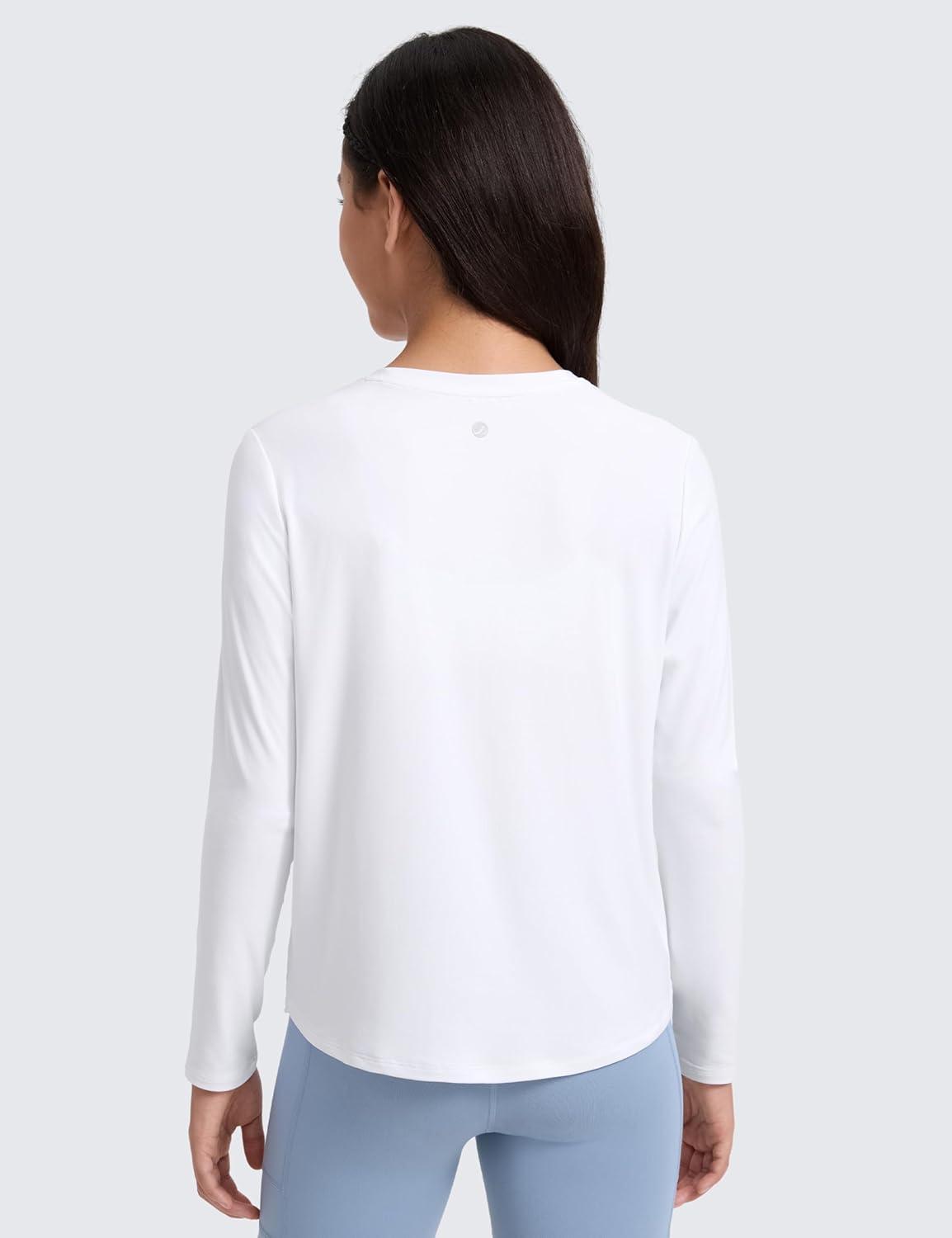 imageCRZ YOGA Girls Cloudweight Athletic Shirts Long Sleeve Tees Crew Neck Side Slit Tops Teen Kids Active Gym Casual Quick DryWhite