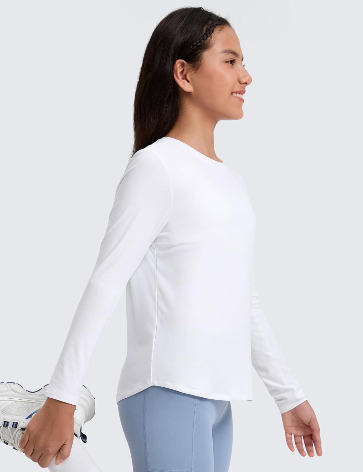 imageCRZ YOGA Girls Cloudweight Athletic Shirts Long Sleeve Tees Crew Neck Side Slit Tops Teen Kids Active Gym Casual Quick DryWhite