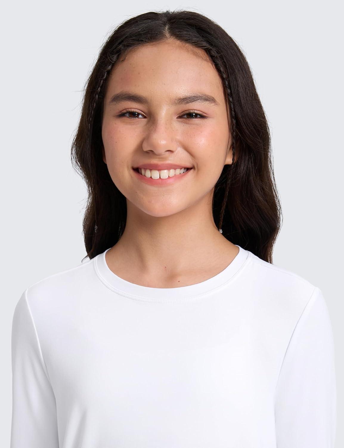 imageCRZ YOGA Girls Cloudweight Athletic Shirts Long Sleeve Tees Crew Neck Side Slit Tops Teen Kids Active Gym Casual Quick DryWhite