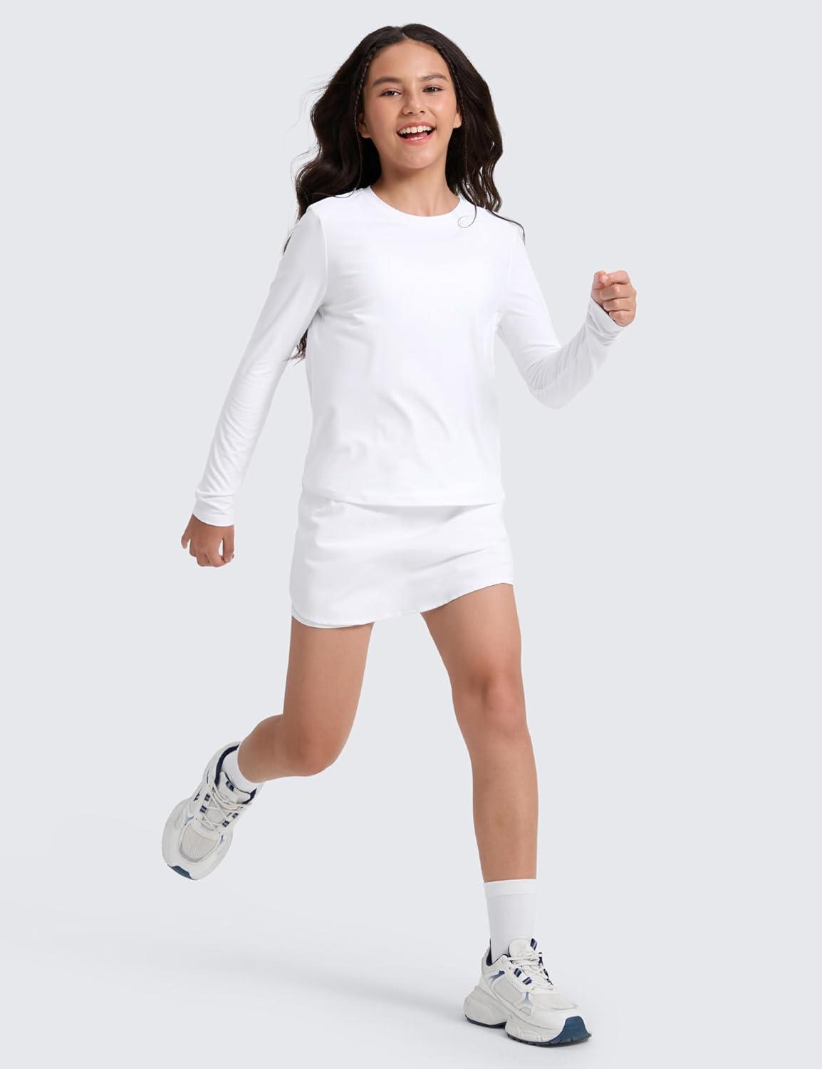 imageCRZ YOGA Girls Cloudweight Athletic Shirts Long Sleeve Tees Crew Neck Side Slit Tops Teen Kids Active Gym Casual Quick DryWhite