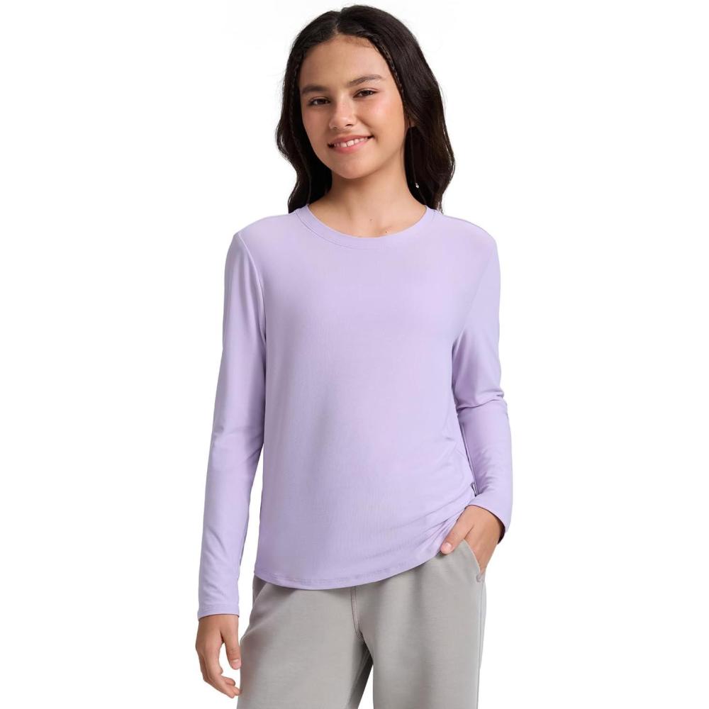 imageCRZ YOGA Girls Cloudweight Athletic Shirts Long Sleeve Tees Crew Neck Side Slit Tops Teen Kids Active Gym Casual Quick DryLilac Air