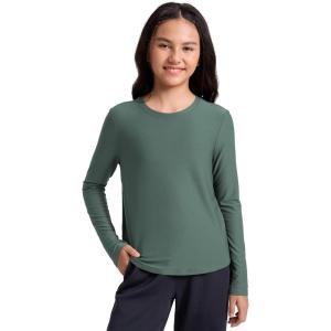 imageCRZ YOGA Girls Cloudweight Athletic Shirts Long Sleeve Tees Crew Neck Side Slit Tops Teen Kids Active Gym Casual Quick DryGraphite Green