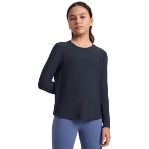 imageCRZ YOGA Girls Cloudweight Athletic Shirts Long Sleeve Tees Crew Neck Side Slit Tops Teen Kids Active Gym Casual Quick DryTrue Navy
