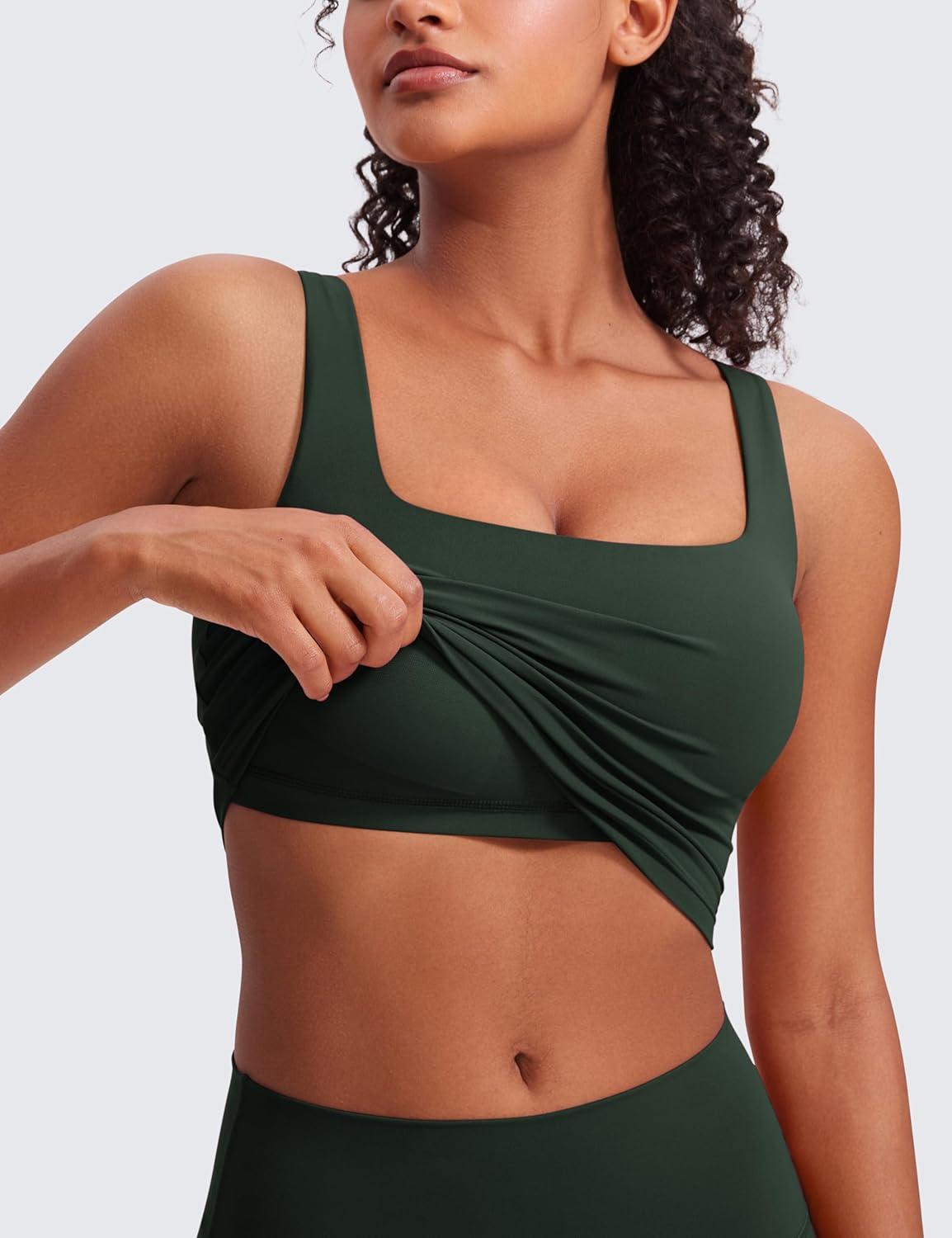 imageCRZ YOGA Butterluxe Womens Square Neck Longline Sports Bra  Workout Crop Tank Tops Padded Yoga Camisole with Built in PadsLegend Green