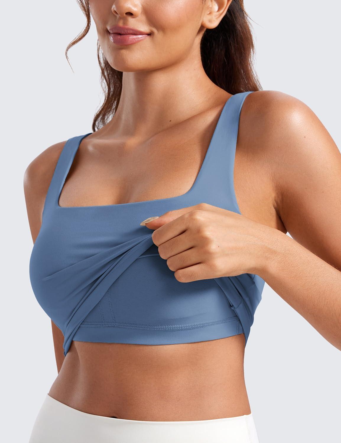 imageCRZ YOGA Butterluxe Womens Square Neck Longline Sports Bra  Workout Crop Tank Tops Padded Yoga Camisole with Built in PadsOasis Blue