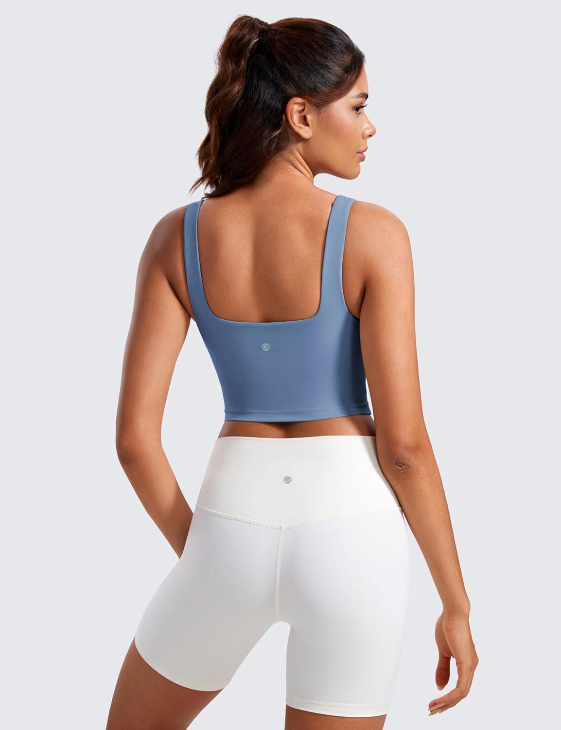 imageCRZ YOGA Butterluxe Womens Square Neck Longline Sports Bra  Workout Crop Tank Tops Padded Yoga Camisole with Built in PadsOasis Blue