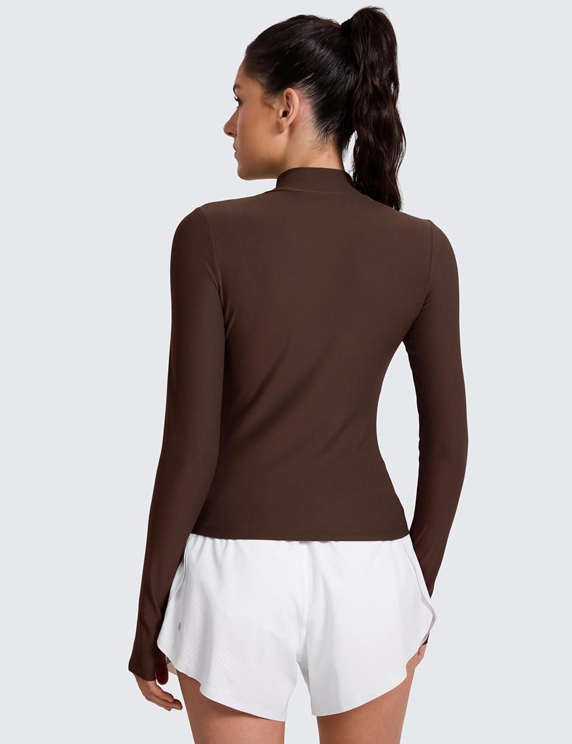 imageCRZ YOGA Cloudweight Mock Neck Tops for Women Lightweight Workout Long Sleeve Shirts Soft Athletic TShirt with Thumb HoleCoffee Brown