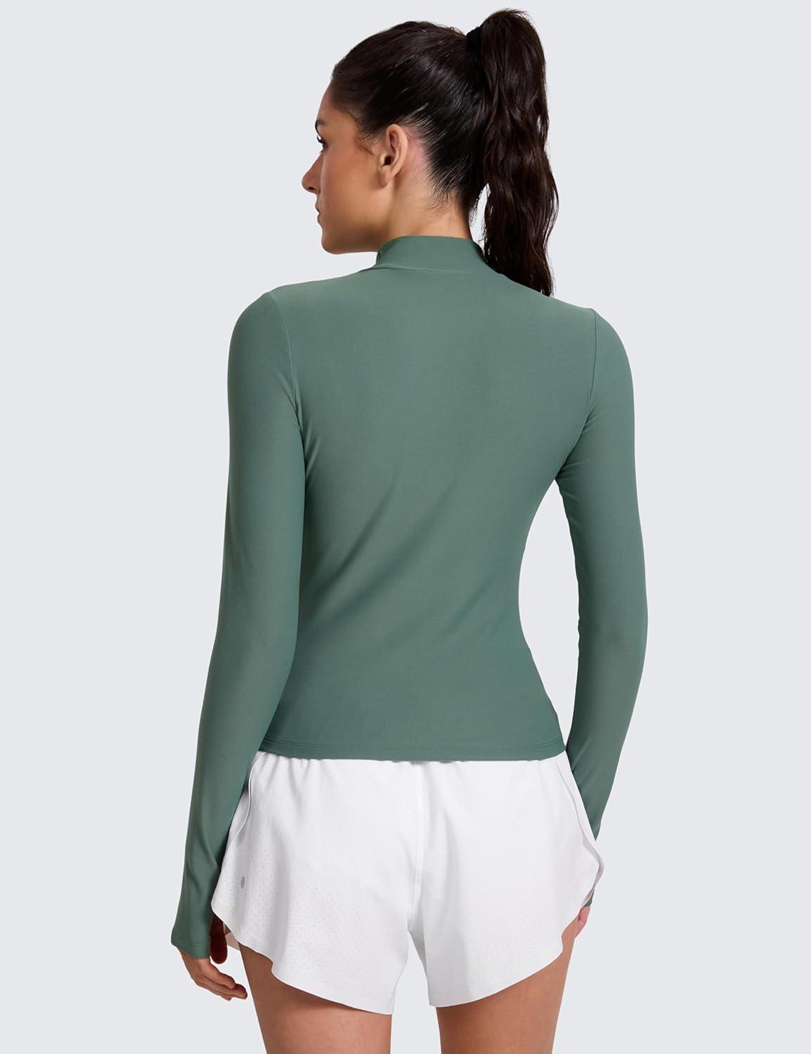 imageCRZ YOGA Cloudweight Mock Neck Tops for Women Lightweight Workout Long Sleeve Shirts Soft Athletic TShirt with Thumb HoleGraphite Green