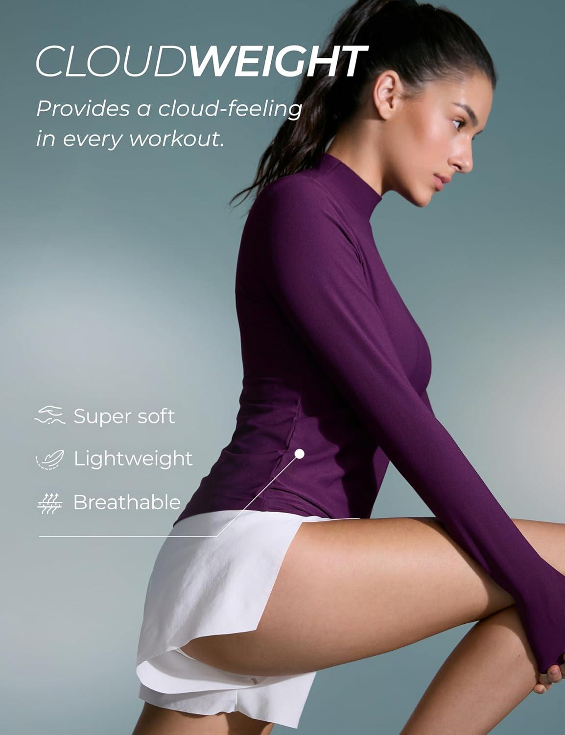 imageCRZ YOGA Cloudweight Mock Neck Tops for Women Lightweight Workout Long Sleeve Shirts Soft Athletic TShirt with Thumb HolePlum Magenta