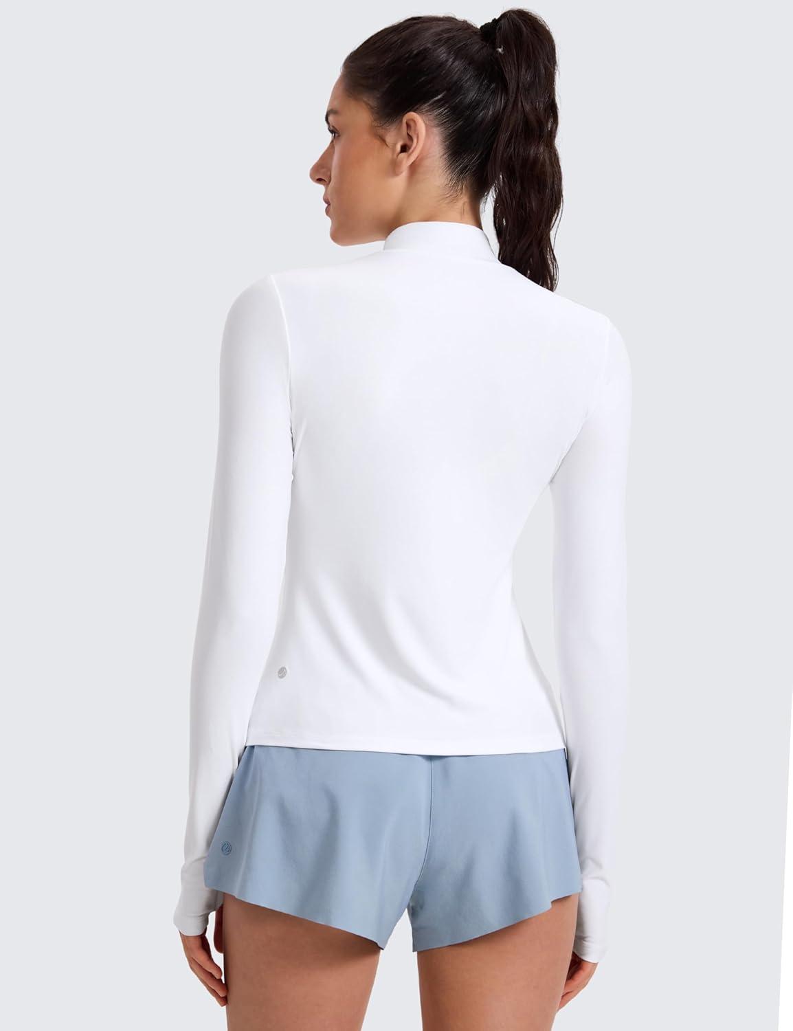 imageCRZ YOGA Cloudweight Mock Neck Tops for Women Lightweight Workout Long Sleeve Shirts Soft Athletic TShirt with Thumb HoleWhite