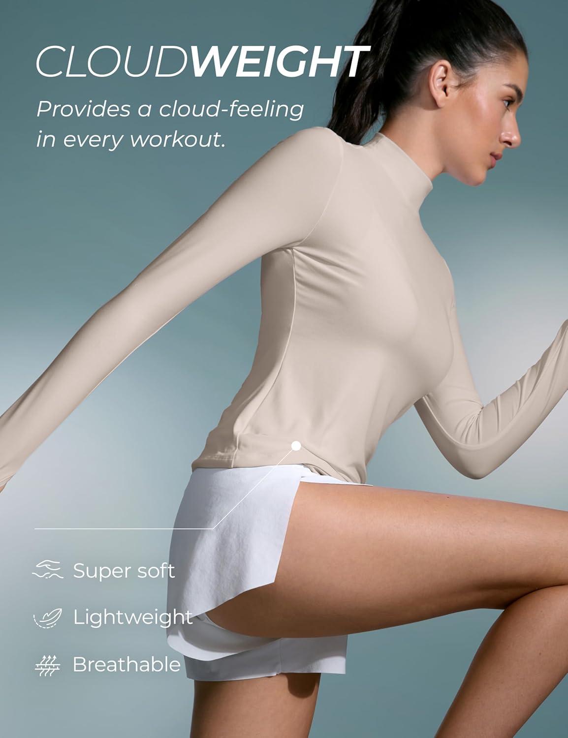 imageCRZ YOGA Cloudweight Mock Neck Tops for Women Lightweight Workout Long Sleeve Shirts Soft Athletic TShirt with Thumb HoleWhite Opal