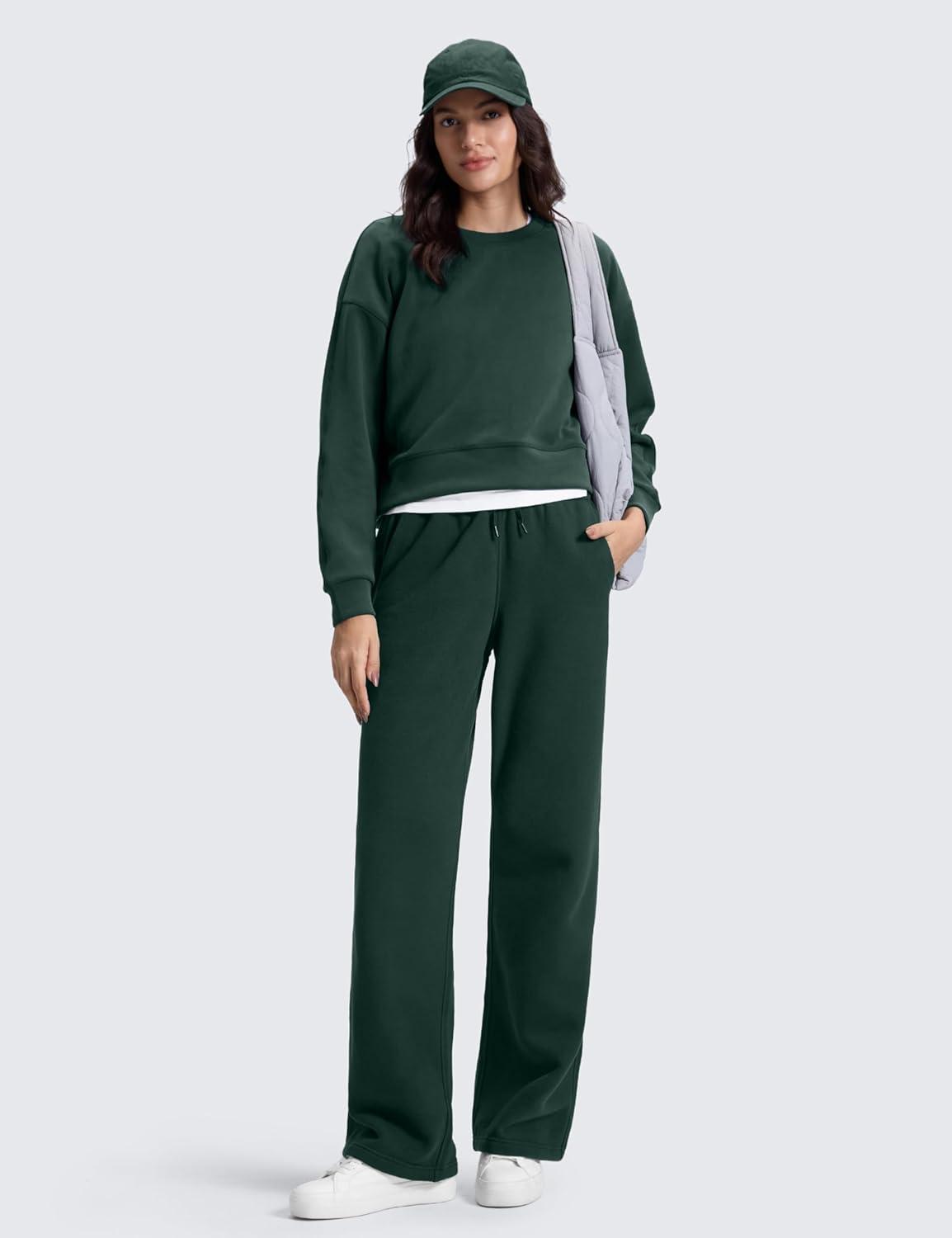 imageCRZ YOGA Cotton Fleece Lined Sweatpants Women 28quot30quot Straight Leg Casual Lounge Sweat Pants for WomenLegend Green