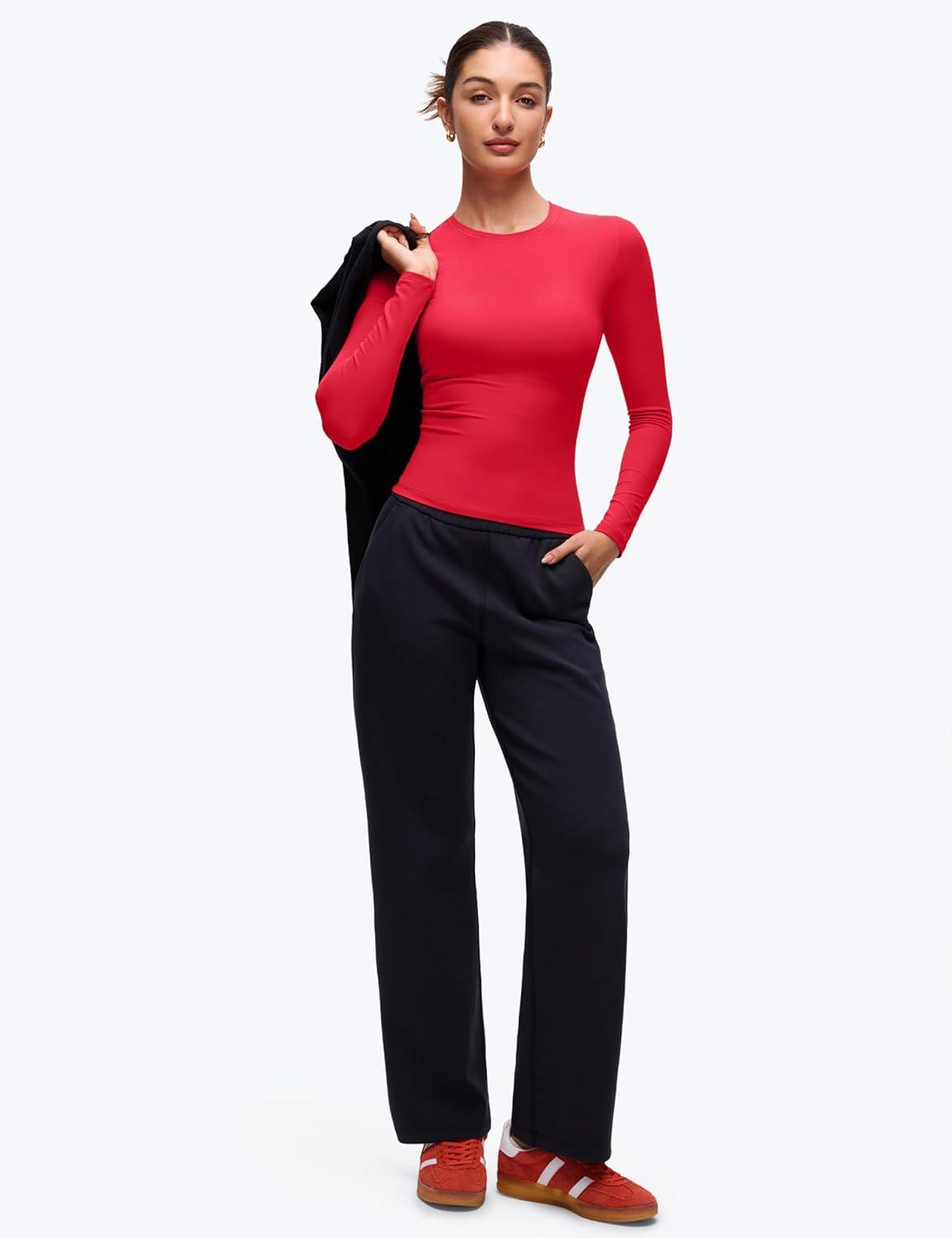 imageCRZ YOGA Softembrace Long Sleeve Shirts for Women Soft Crew Neck Fall Basic Tight Tops Fitted Casual Going Out TShirtsAurora Red