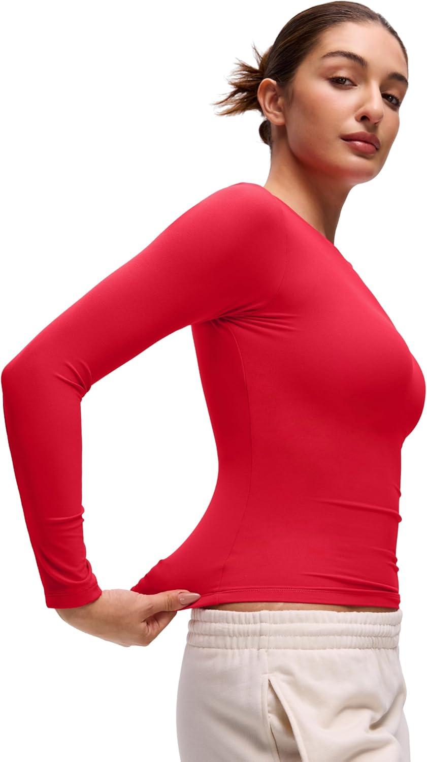 imageCRZ YOGA Softembrace Long Sleeve Shirts for Women Soft Crew Neck Fall Basic Tight Tops Fitted Casual Going Out TShirtsAurora Red