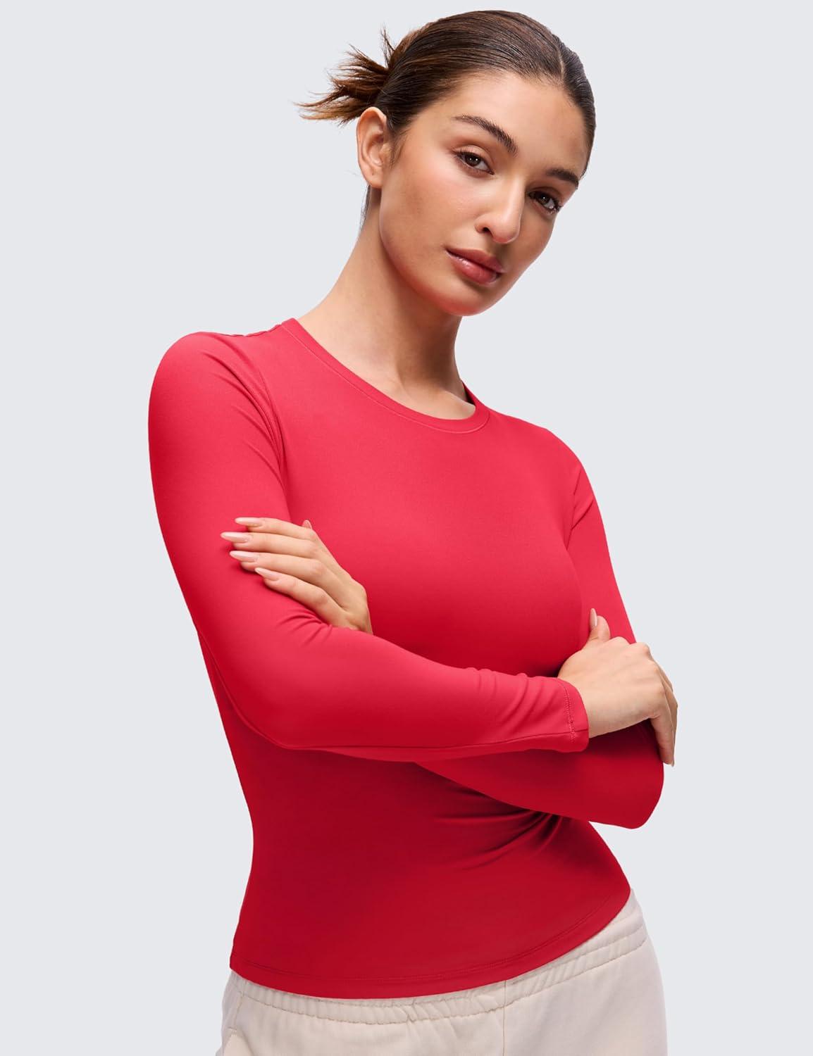 imageCRZ YOGA Softembrace Long Sleeve Shirts for Women Soft Crew Neck Fall Basic Tight Tops Fitted Casual Going Out TShirtsAurora Red
