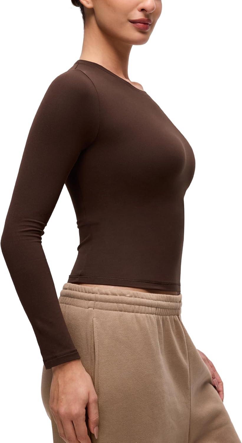 imageCRZ YOGA Softembrace Long Sleeve Shirts for Women Soft Crew Neck Fall Basic Tight Tops Fitted Casual Going Out TShirtsLava Brown