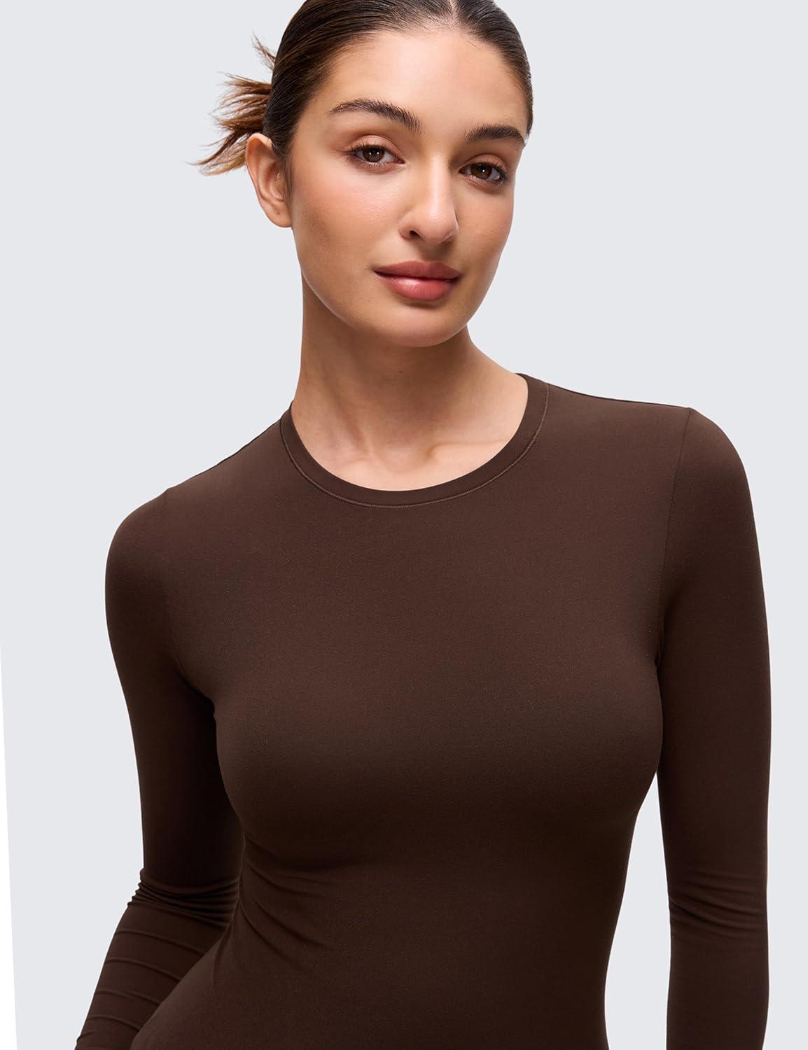 imageCRZ YOGA Softembrace Long Sleeve Shirts for Women Soft Crew Neck Fall Basic Tight Tops Fitted Casual Going Out TShirtsLava Brown