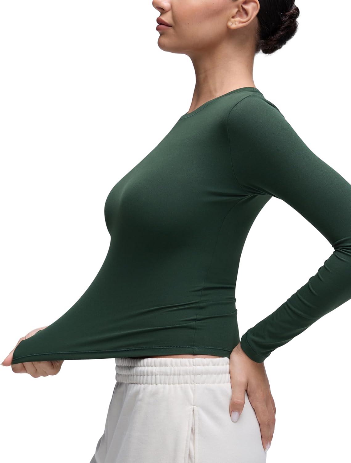 imageCRZ YOGA Softembrace Long Sleeve Shirts for Women Soft Crew Neck Fall Basic Tight Tops Fitted Casual Going Out TShirtsLegend Green