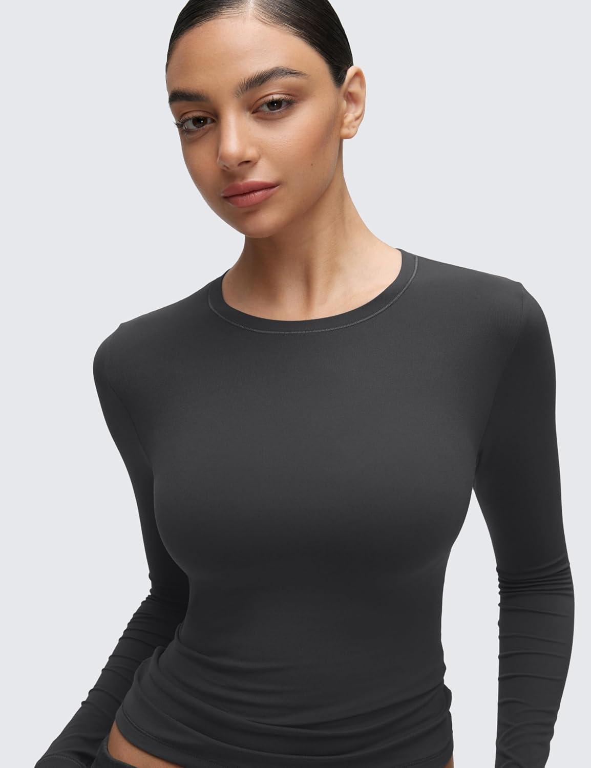 imageCRZ YOGA Softembrace Long Sleeve Shirts for Women Soft Crew Neck Fall Basic Tight Tops Fitted Casual Going Out TShirtsMysterious Grey