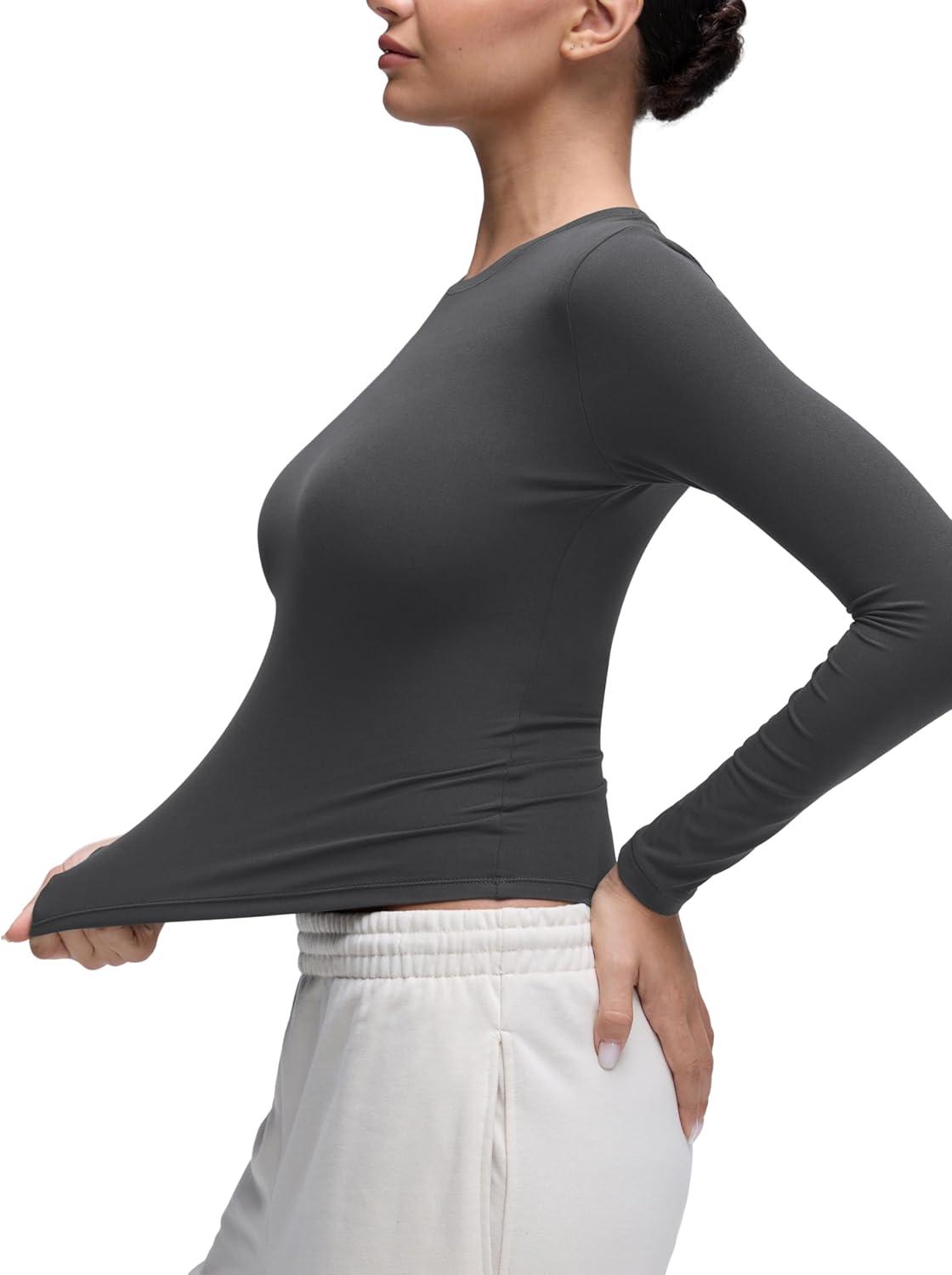imageCRZ YOGA Softembrace Long Sleeve Shirts for Women Soft Crew Neck Fall Basic Tight Tops Fitted Casual Going Out TShirtsMysterious Grey