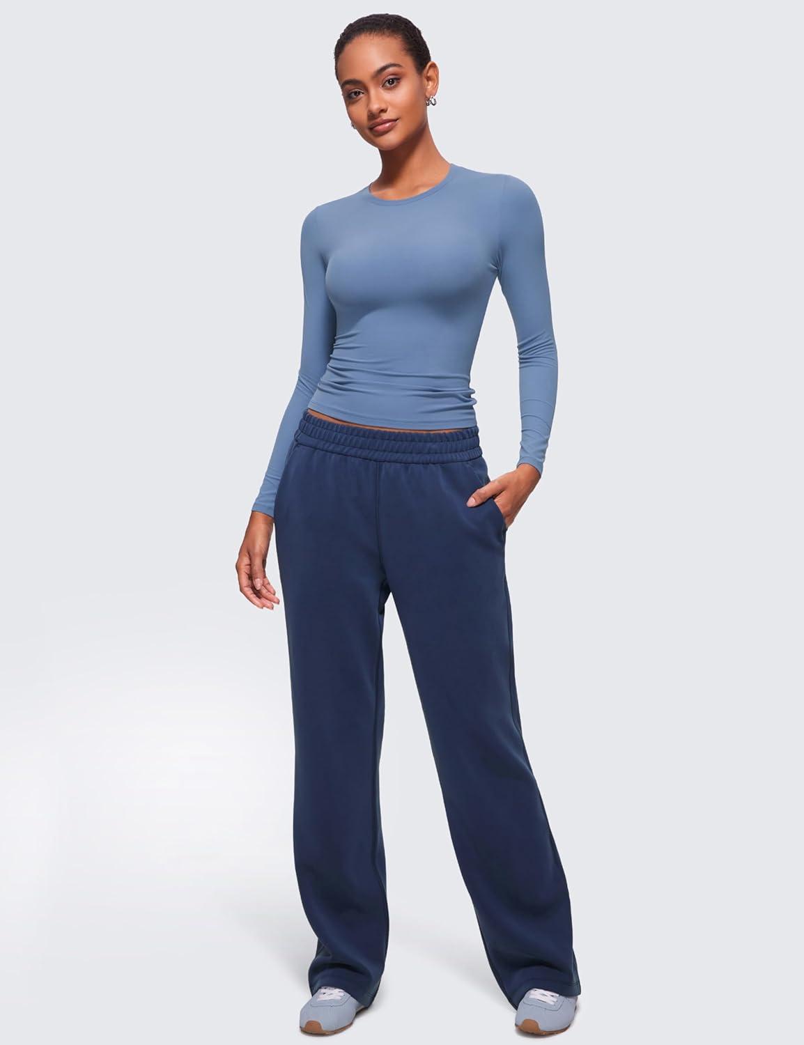 imageCRZ YOGA Softembrace Long Sleeve Shirts for Women Soft Crew Neck Fall Basic Tight Tops Fitted Casual Going Out TShirtsOasis Blue