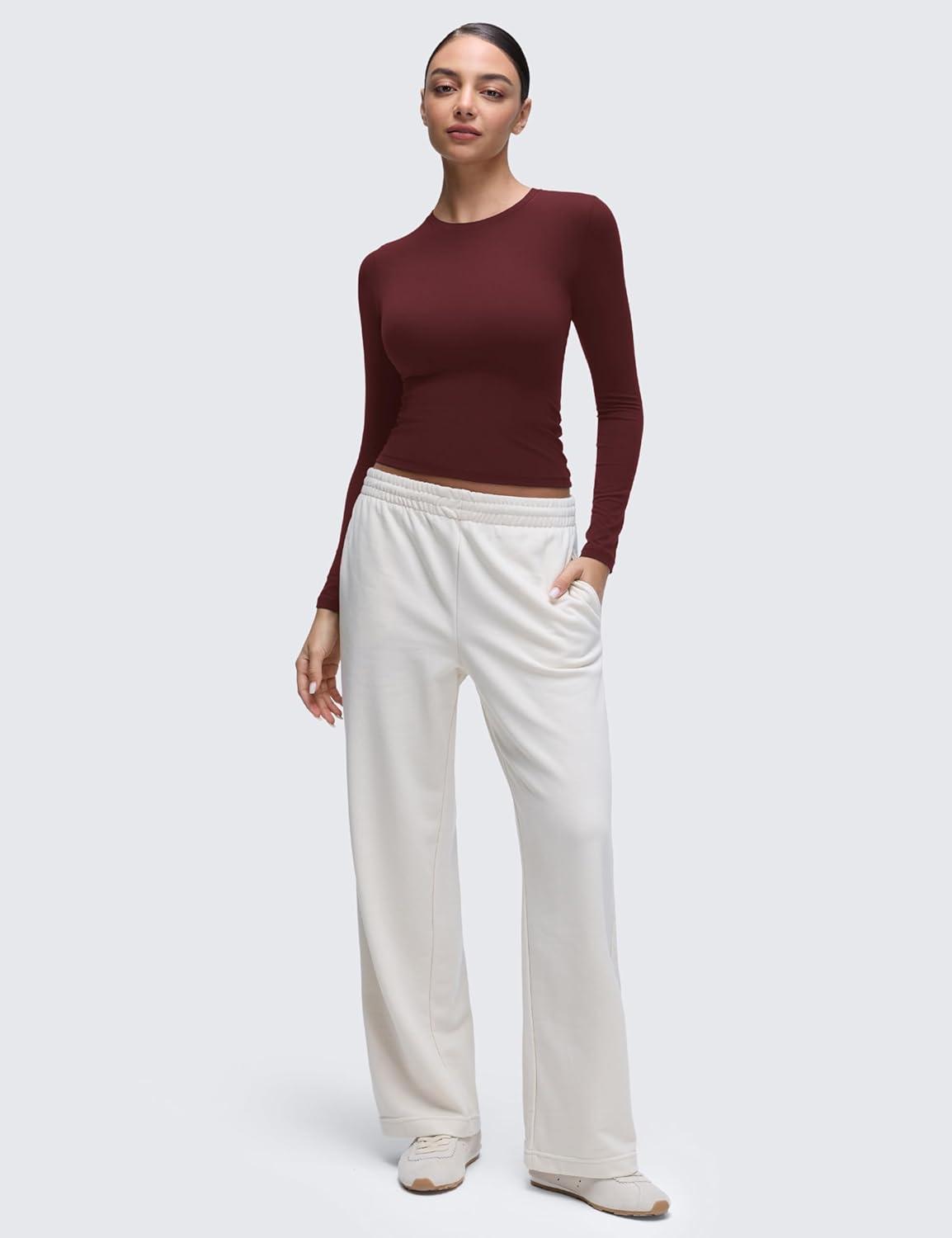 imageCRZ YOGA Softembrace Long Sleeve Shirts for Women Soft Crew Neck Fall Basic Tight Tops Fitted Casual Going Out TShirtsRed Merlot