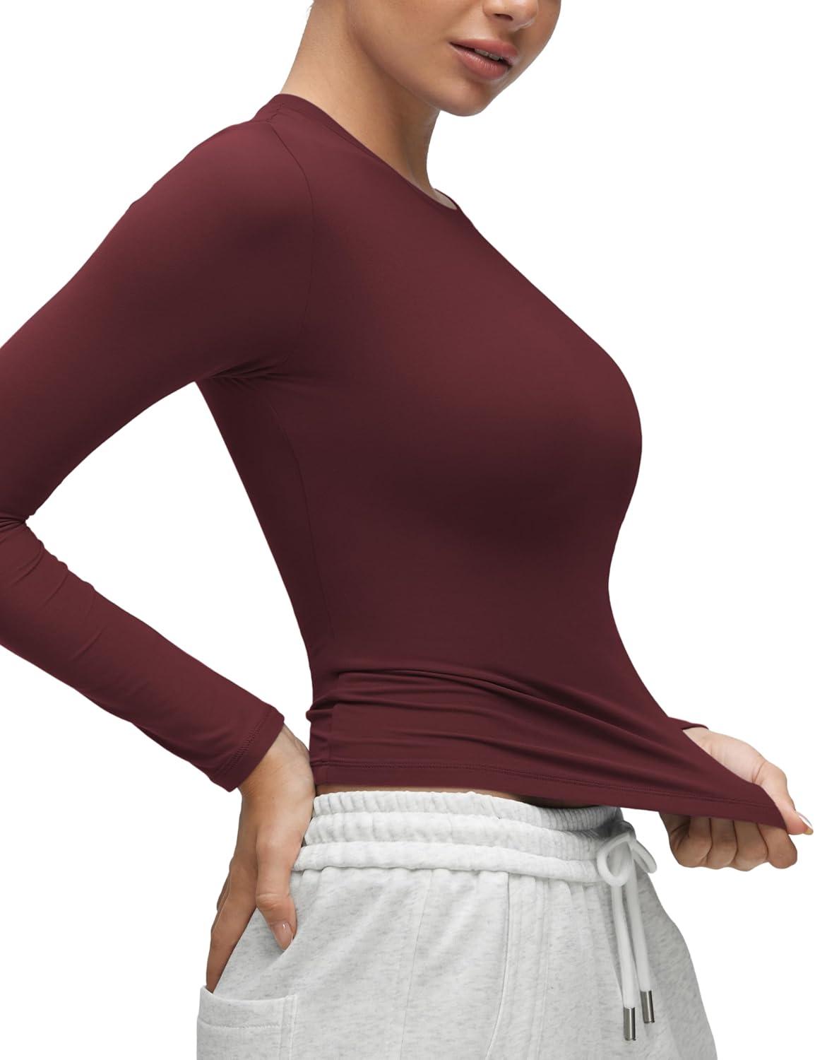 imageCRZ YOGA Softembrace Long Sleeve Shirts for Women Soft Crew Neck Fall Basic Tight Tops Fitted Casual Going Out TShirtsRed Merlot