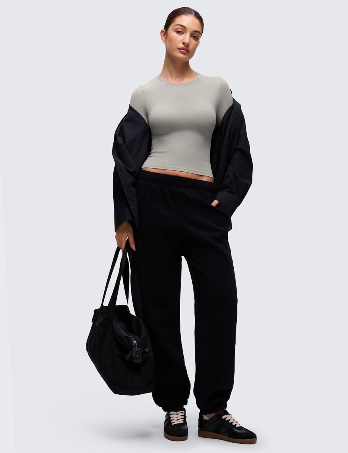 imageCRZ YOGA Softembrace Long Sleeve Shirts for Women Soft Crew Neck Fall Basic Tight Tops Fitted Casual Going Out TShirtsRock Grey