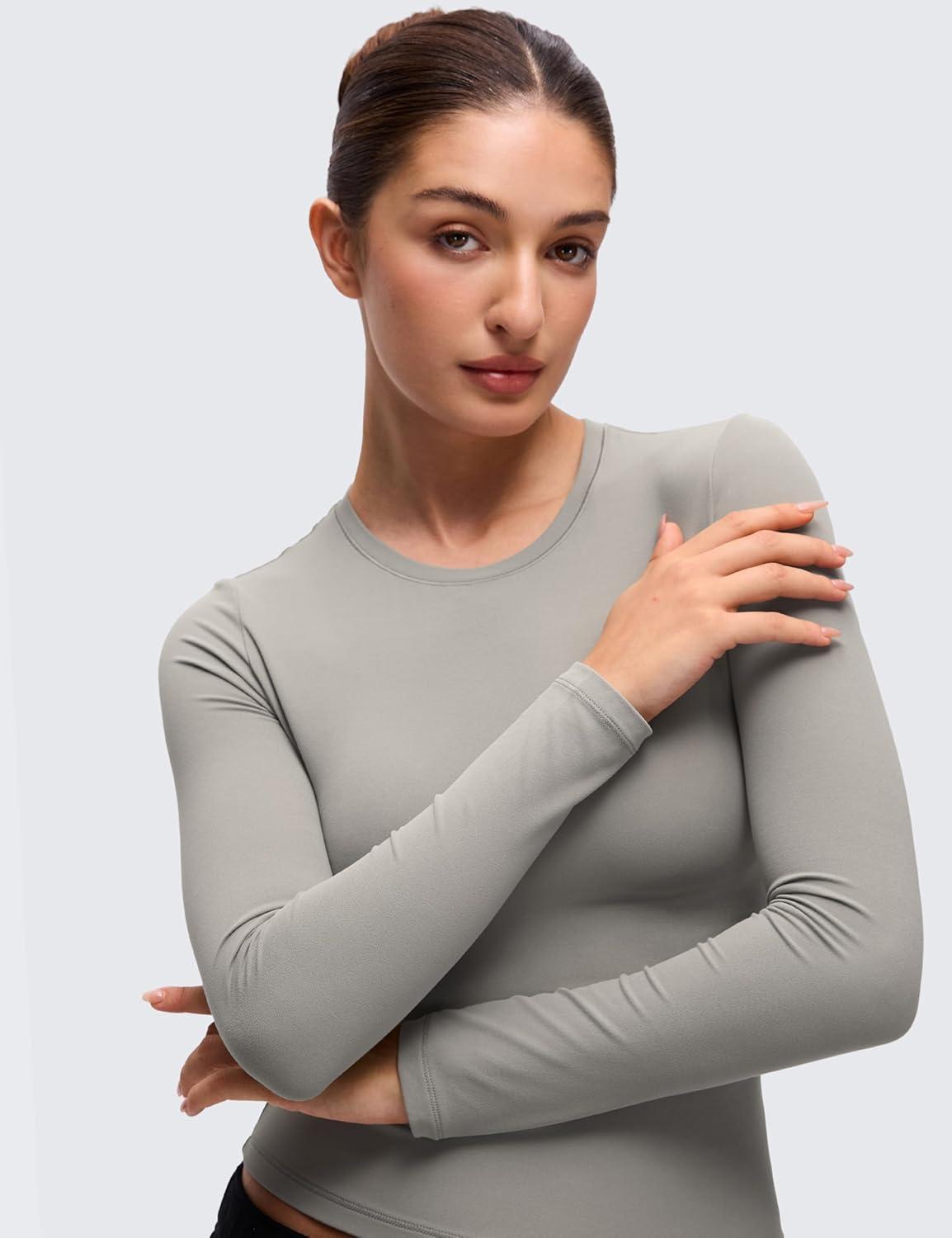 imageCRZ YOGA Softembrace Long Sleeve Shirts for Women Soft Crew Neck Fall Basic Tight Tops Fitted Casual Going Out TShirtsRock Grey