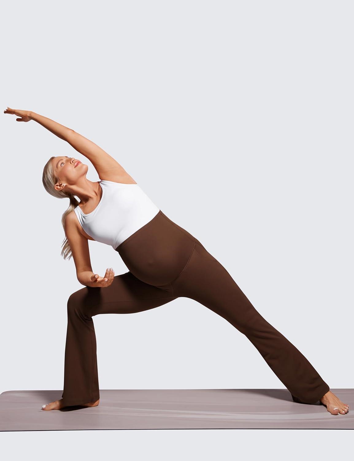 imageCRZ YOGA Women Butterluxe Maternity Flare Leggings with Pockets 31quot  Workout Active Yoga Pregnancy Pants Over The Belly SoftLava Brown