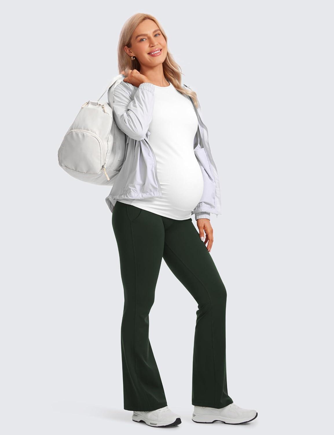 imageCRZ YOGA Women Butterluxe Maternity Flare Leggings with Pockets 31quot  Workout Active Yoga Pregnancy Pants Over The Belly SoftLegend Green