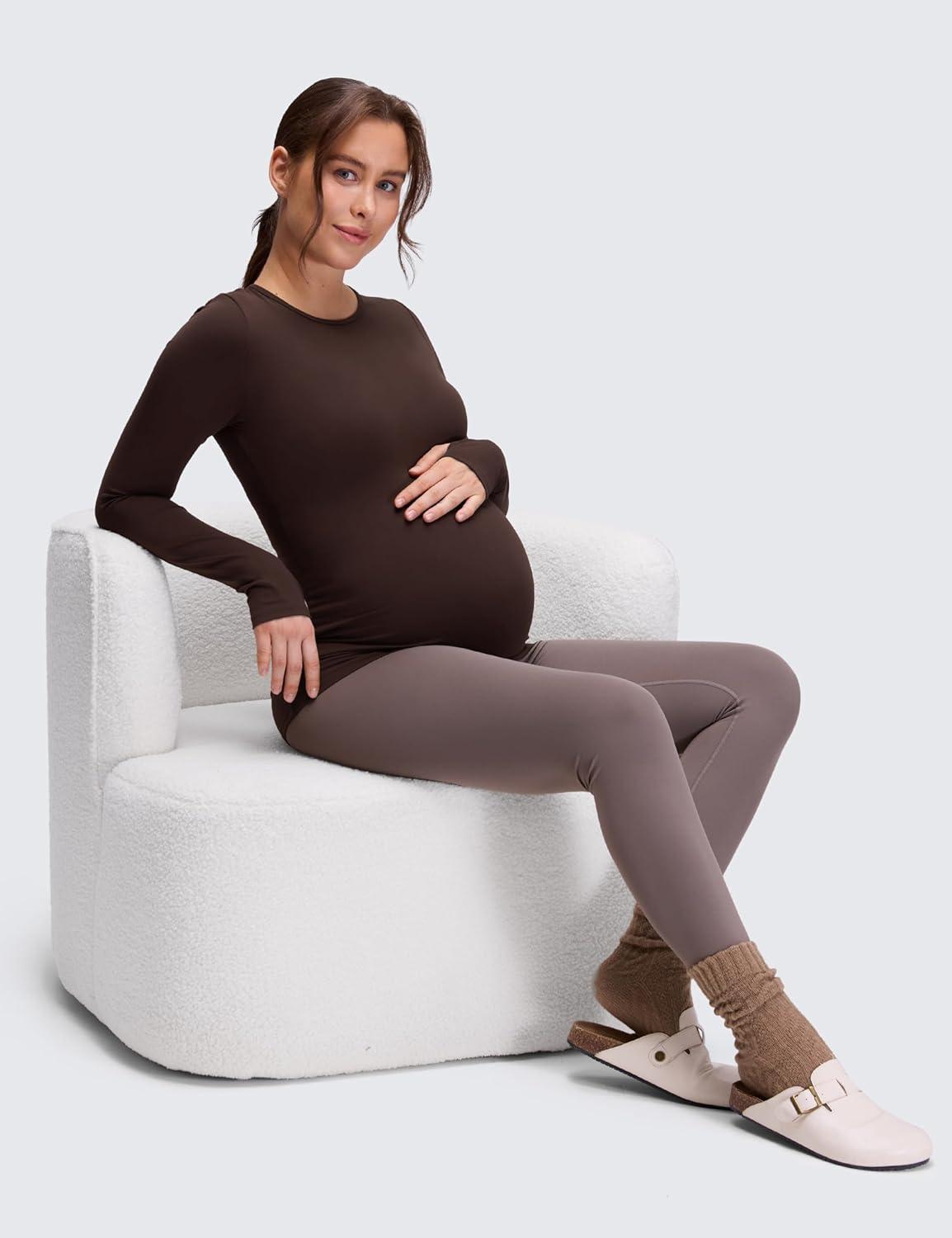 imageCRZ YOGA Womens Butterluxe Long Sleeve Maternity Tops Crewneck Pregnancy Basic Shirts Soft Athletic Yoga Casual Tee BlousesHot Fudge Brown