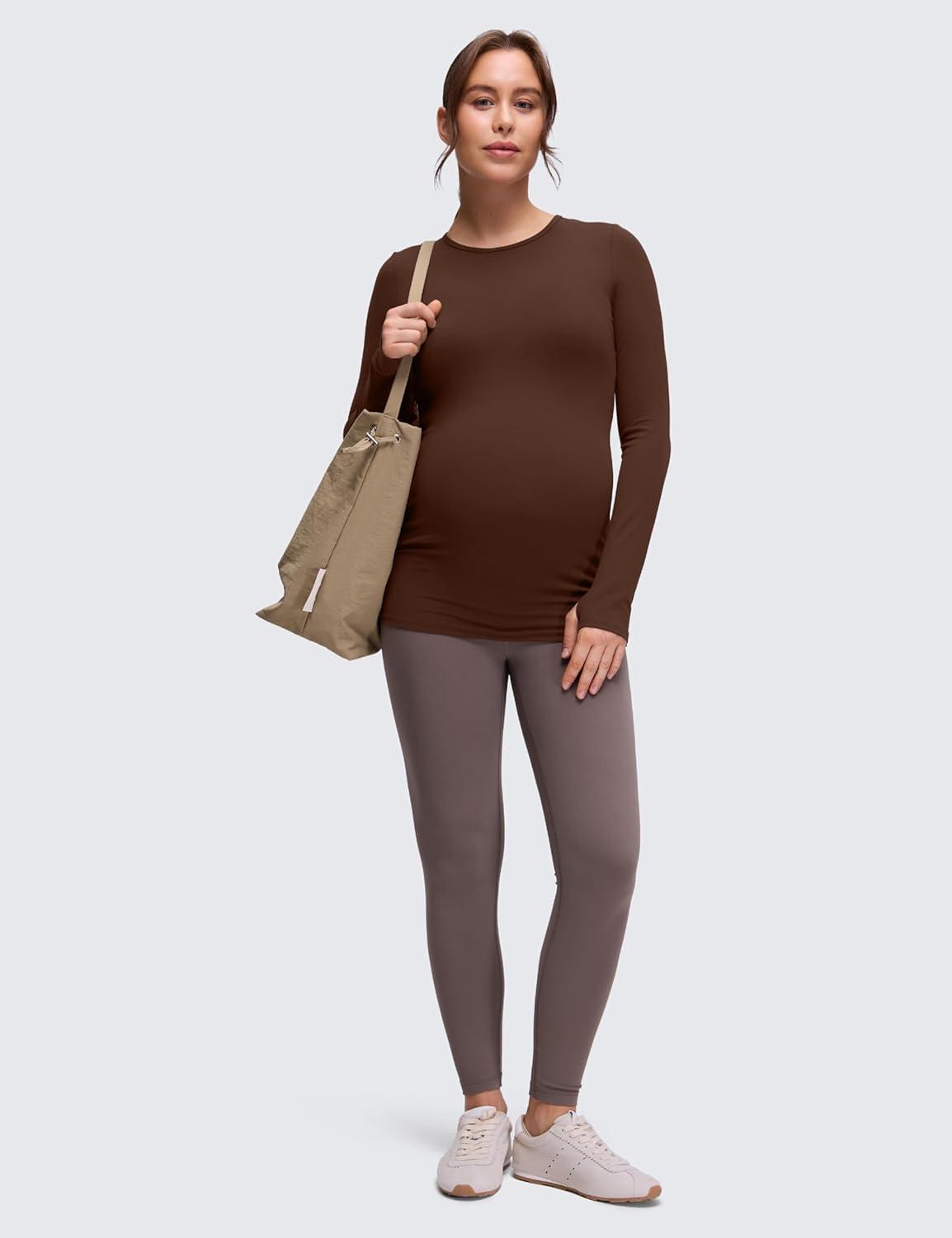 imageCRZ YOGA Womens Butterluxe Long Sleeve Maternity Tops Crewneck Pregnancy Basic Shirts Soft Athletic Yoga Casual Tee BlousesLava Brown
