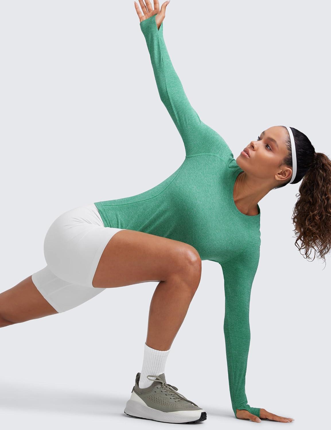 imageCRZ YOGA Womens Seamless Workout Long Sleeve Shirts Quick Dry Gym Athletic Tops Breathable Running Yoga TShirtsCascadia Green Heather