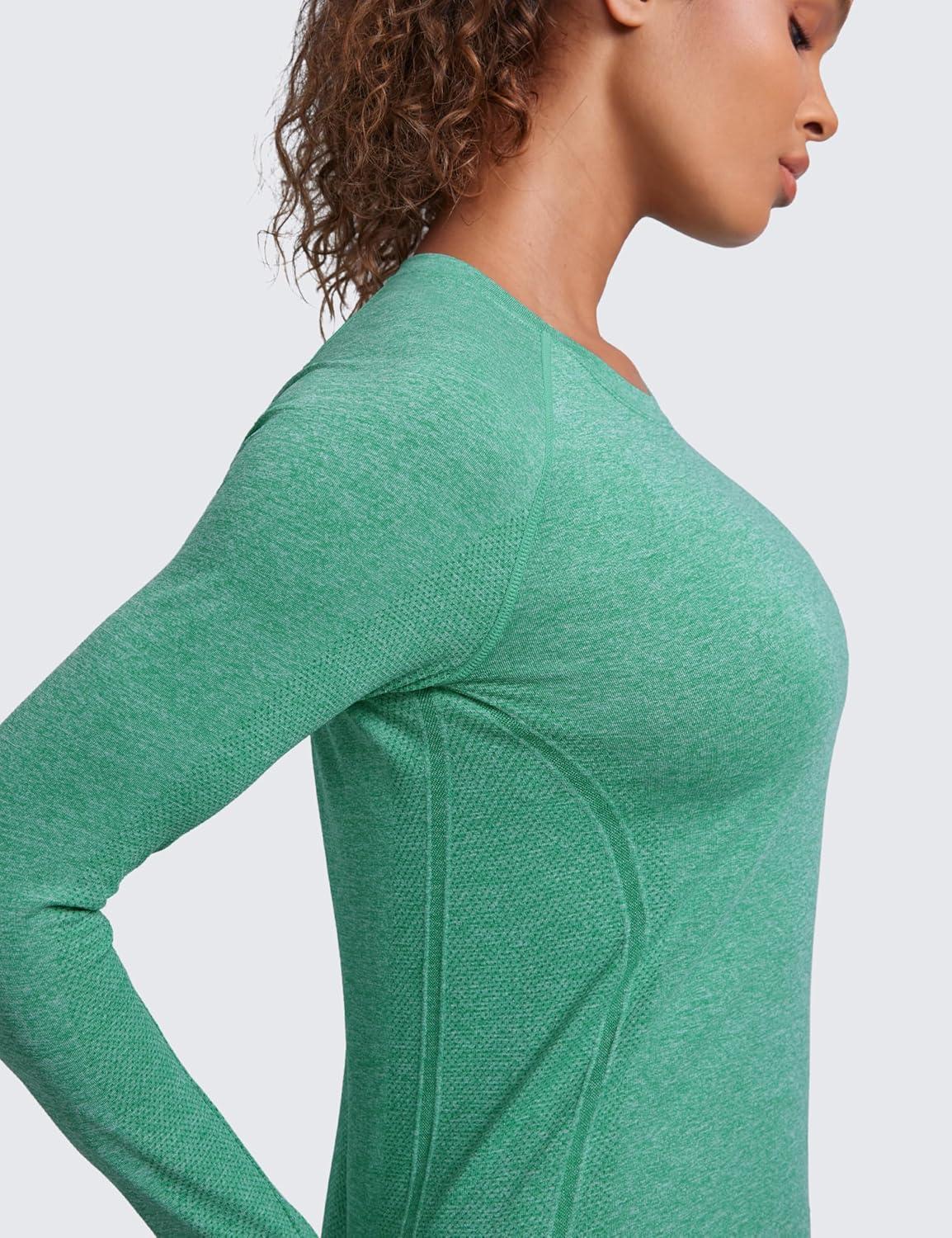 imageCRZ YOGA Womens Seamless Workout Long Sleeve Shirts Quick Dry Gym Athletic Tops Breathable Running Yoga TShirtsCascadia Green Heather