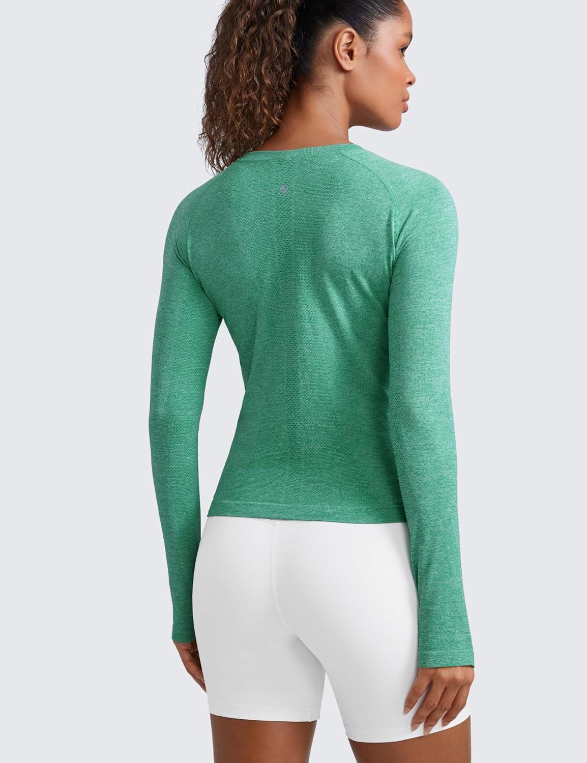 imageCRZ YOGA Womens Seamless Workout Long Sleeve Shirts Quick Dry Gym Athletic Tops Breathable Running Yoga TShirtsCascadia Green Heather