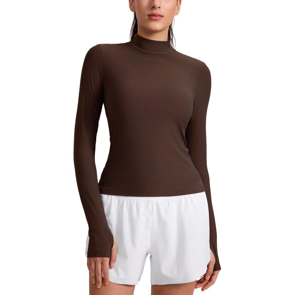 imageCRZ YOGA Cloudweight Mock Neck Tops for Women Lightweight Workout Long Sleeve Shirts Soft Athletic TShirt with Thumb HoleCoffee Brown