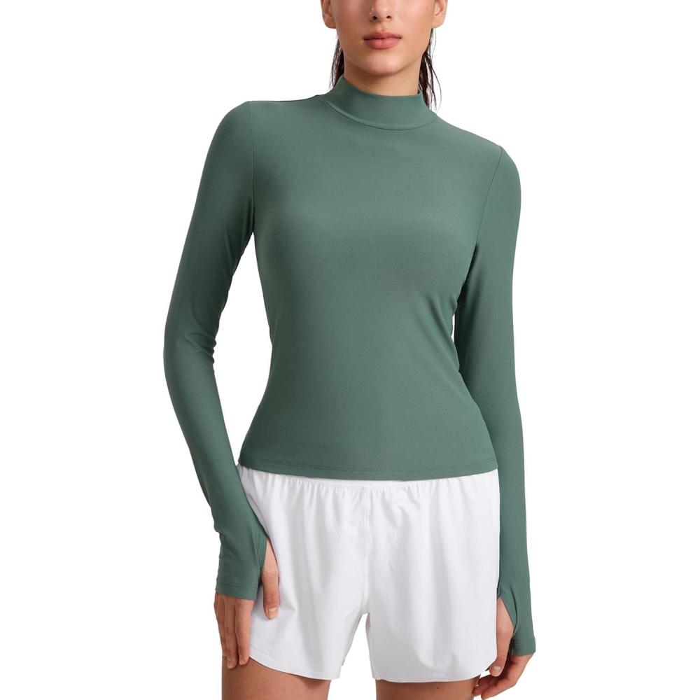 imageCRZ YOGA Cloudweight Mock Neck Tops for Women Lightweight Workout Long Sleeve Shirts Soft Athletic TShirt with Thumb HoleGraphite Green