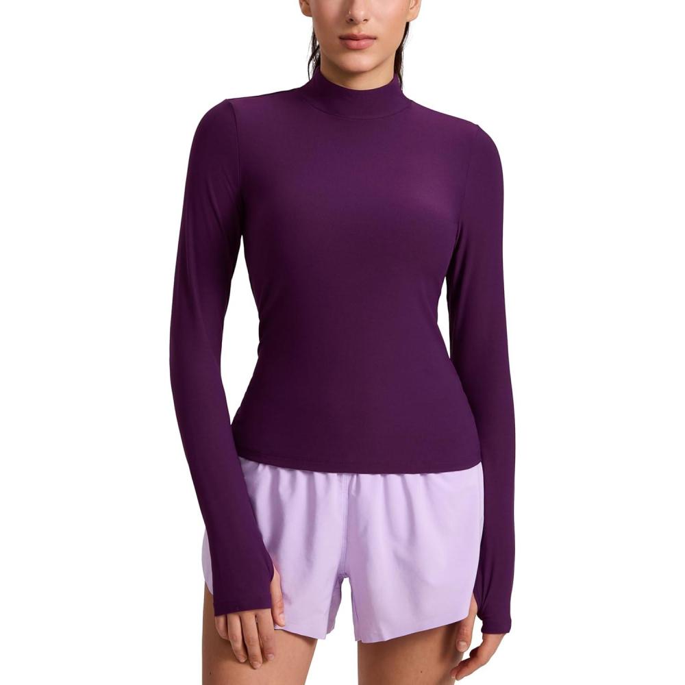 imageCRZ YOGA Cloudweight Mock Neck Tops for Women Lightweight Workout Long Sleeve Shirts Soft Athletic TShirt with Thumb HolePlum Magenta