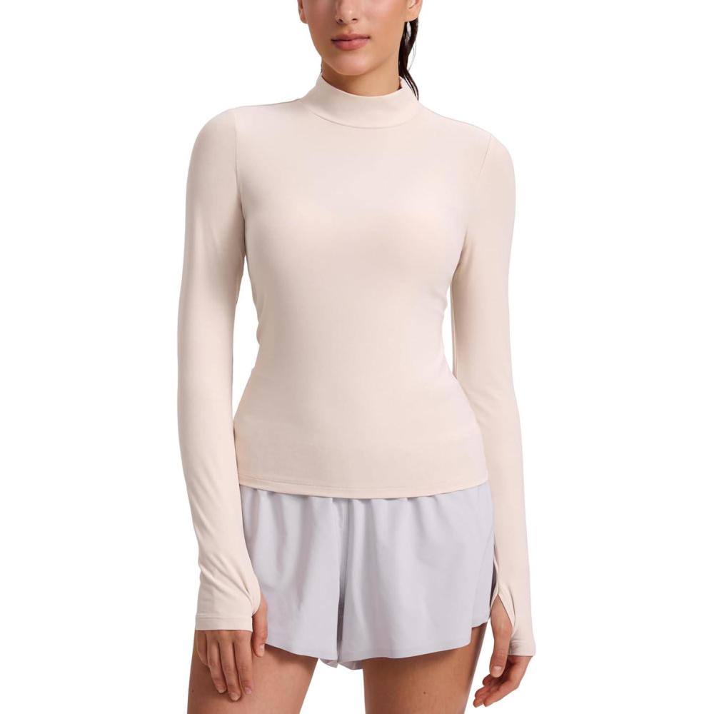 imageCRZ YOGA Cloudweight Mock Neck Tops for Women Lightweight Workout Long Sleeve Shirts Soft Athletic TShirt with Thumb HoleWhite Opal