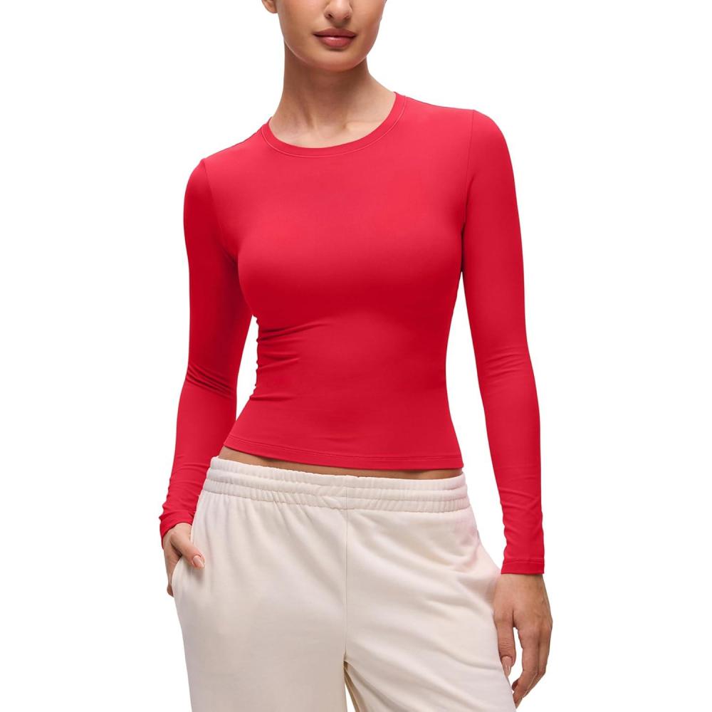 imageCRZ YOGA Softembrace Long Sleeve Shirts for Women Soft Crew Neck Fall Basic Tight Tops Fitted Casual Going Out TShirtsAurora Red